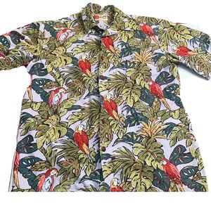 Hilo Hattie PARROT Tropical Hawaiian Shirt TOUCAN PALM TREE Shell Buttons MENS M